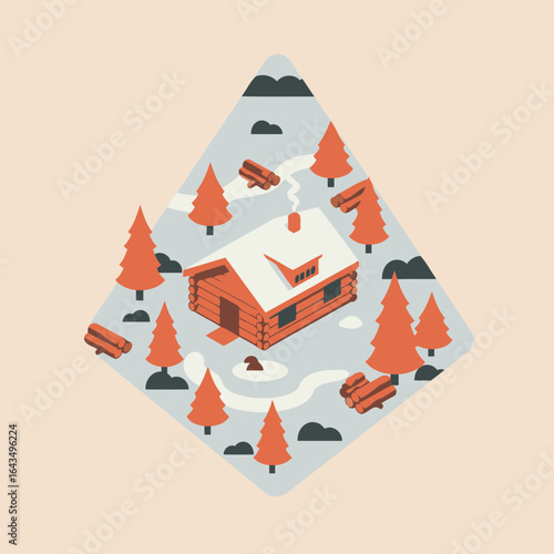A quaint log cabin nestled amidst snowy pine trees in a wintery forest setting. An overhead perspective showcases the cozy cabin with snowy roof and surrounding nature.