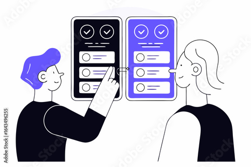 Two people collaborate on a digital task selecting options on a screen, showcasing teamwork and user interface interaction for modern business solutions and project management success.
