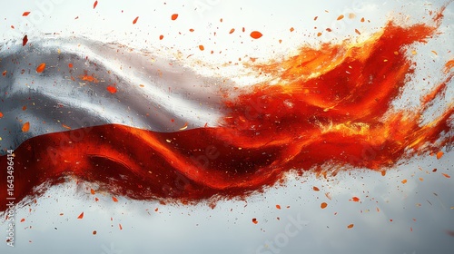 Fiery Polish flag waving, embers and ash.