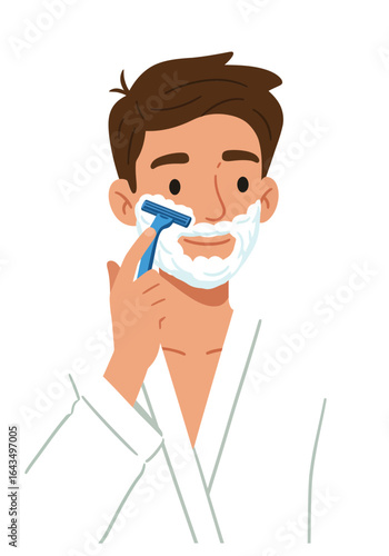 Man shaving face with razor in bathroom wearing white bathrobe personal grooming daily routine vector illustration