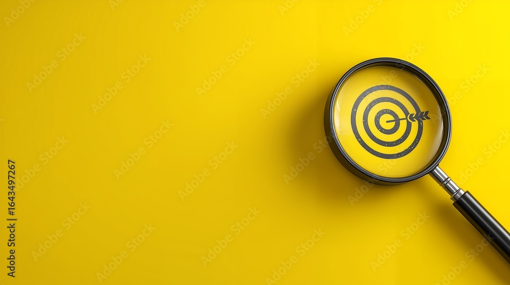 Fototapeta premium Magnifying glass focuses on a target symbol over yellow background, concept for achieving goals, business analysis and strategic planning, search focus