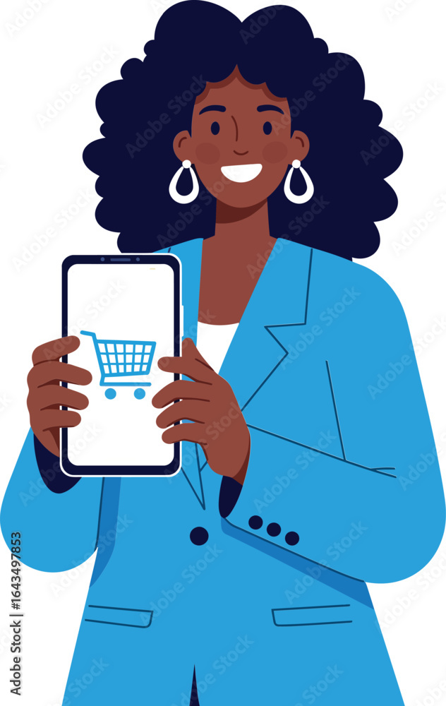 Woman holding smartphone showing online shopping cart icon in blue blazer smiling digital commerce concept Woman holding smartphone showing online shopping cart icon in blue blazer smiling digital commerce concept
