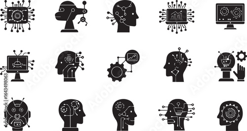 Artificial Intelligence Technology Icons Representing Brains Circuits and Robots vector illustration
