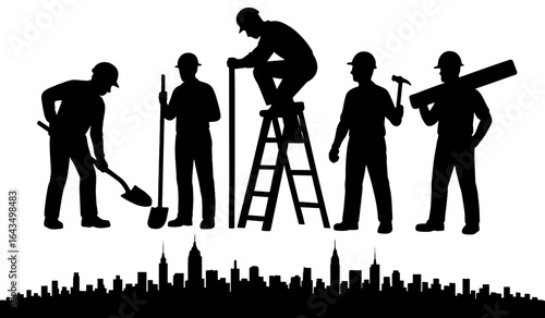 Construction Workers Silhouette Performing Various Tasks in Cityscape
