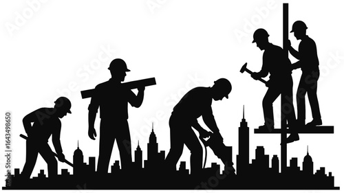 Silhouette of Construction Workers with Tools and City Skyline