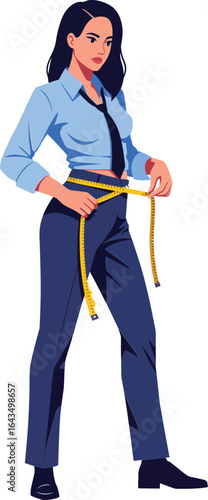 Businesswoman measuring waist with tape in professional outfit on white background vector illustration