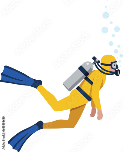 Scuba diver underwater in yellow wetsuit with blue fins and oxygen tank vector illustration for diving activity and marine exploration