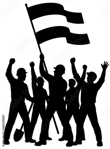 Workers Silhouette Raising a Red and Blue Flag in Unity