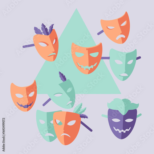 Colorful theatrical masks in various expressions displayed against a mint green triangle background. Flat, stylized masks with different emotions and colors.