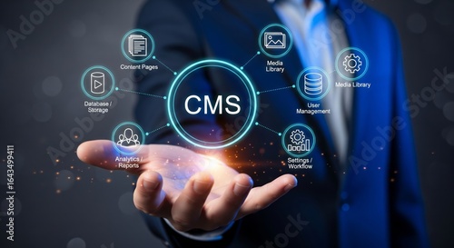 Business hand presenting holographic “CMS” circle with six clear system icons — content management concept