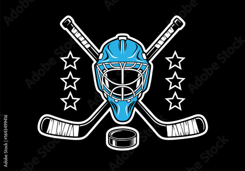 Ice hockey sports emblem featuring a goalie mask, crossed sticks, and a puck. Vector graphic logo for a team or championship league.