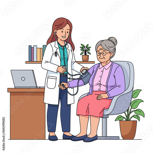 Friendly Doctor Measures Blood Pressure of an Elderly Woman in a Clinic Vector