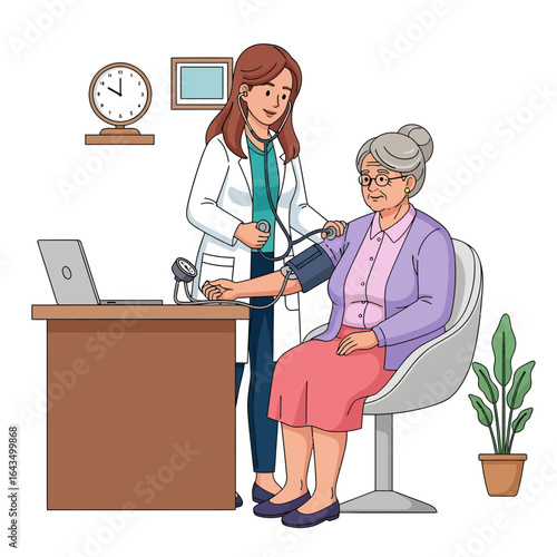 Friendly Doctor Measures Blood Pressure of an Elderly Woman in a Clinic Vector