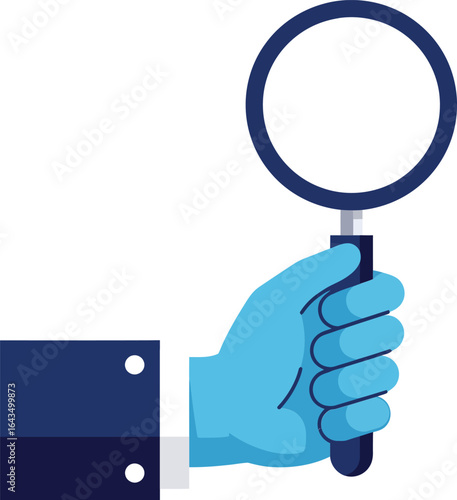 Hand holding magnifying glass vector icon in blue color for search and inspection concept