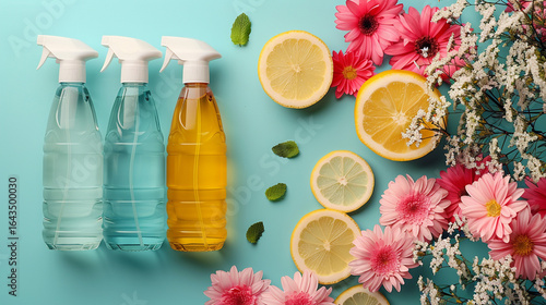 Fresh cleaning spray bottles surrounded by lemon slices and flowers on a pastel blue background.