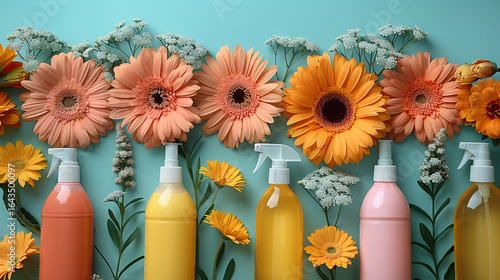 Colorful spray bottles and flowers arranged on a light teal background. 
