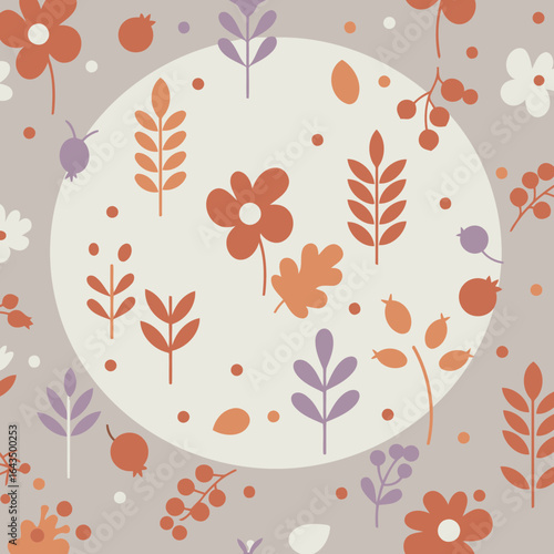 Autumnal floral pattern with muted colors and simple shapes. Seamless design with flowers, leaves, and berries arranged in a circular motif on a muted grey background.