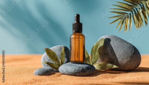 Amber serum bottle on beach rocks, sunlight, spa ad