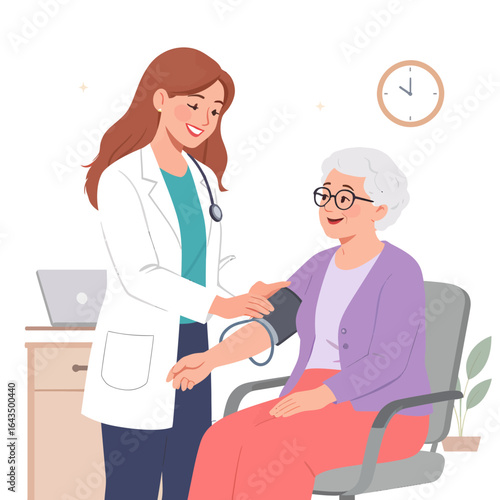 Friendly Doctor Measures Blood Pressure of an Elderly Woman in a Clinic Vector