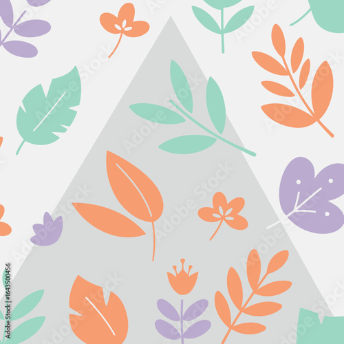 Abstract floral and leaf design with pastel colors and a geometric layout. Colorful decorative pattern with light gray triangle division. Use for various design purposes.