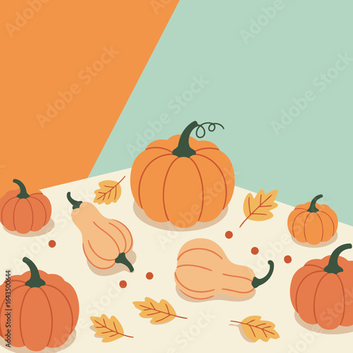 Autumnal pumpkins and gourds arranged on a light beige surface with fall leaves and berries. A decorative display of autumnal vegetables for seasonal use.