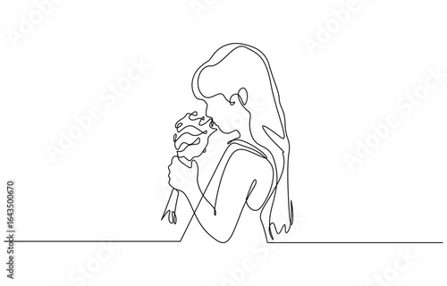 Continuous one line drawing of Child smelling flower vector illustration. Editable outline