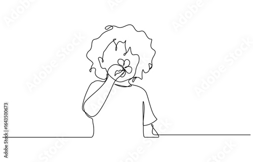 Continuous one line drawing of Child smelling flower vector illustration. Editable outline