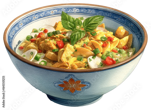 Bowl of jamaican ackee and saltfish rendered in a striking watercolor style isolated on a white background for culinary art