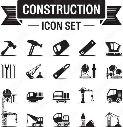 Construction tools and industry icons in black silhouette style.