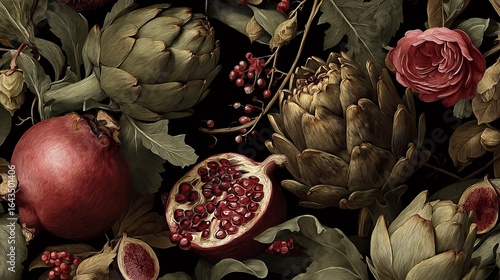 A beautiful arrangement of artichokes, pomegranates, and roses against a dark background, showcasing vibrant colors.