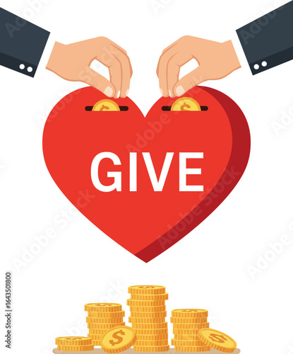 Heart shaped donation box with hands giving coins and money concept of charity and generosity vector illustration
