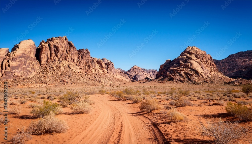 Fototapeta premium desert landscape with dusty trail and rocky mountains under clear blue sky