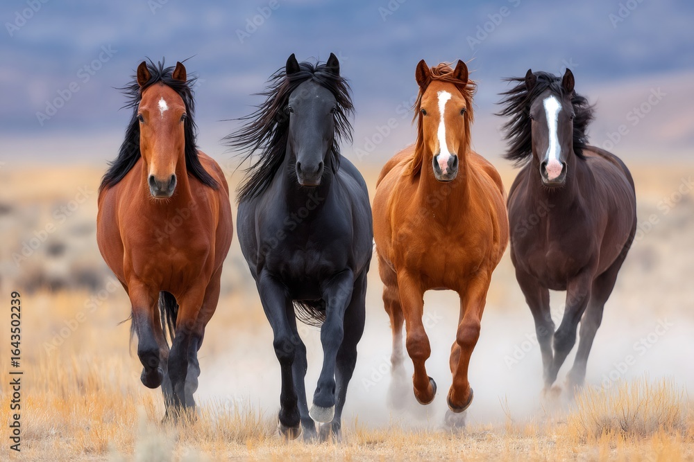 Obraz premium Four wild horses running in desert landscape