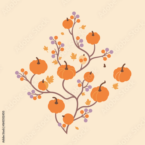 Autumnal pumpkin and berry design on a light beige background. Geometric floral arrangement with a branching pattern of pumpkins and berries, featuring muted colors for a subtle fall theme.