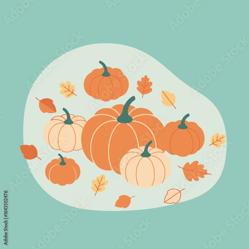 Autumn pumpkins in various shades of orange and cream, with falling leaves, displayed against a soft teal background. A collection of pumpkins and leaves in a stylized illustration.