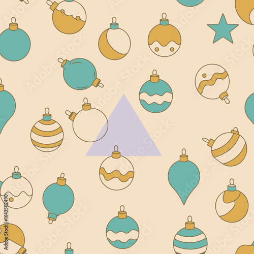 Christmas ornament pattern with pastel colors and geometric shapes. Repeating design of various ornaments in teal, gold, and white on a light beige background.
