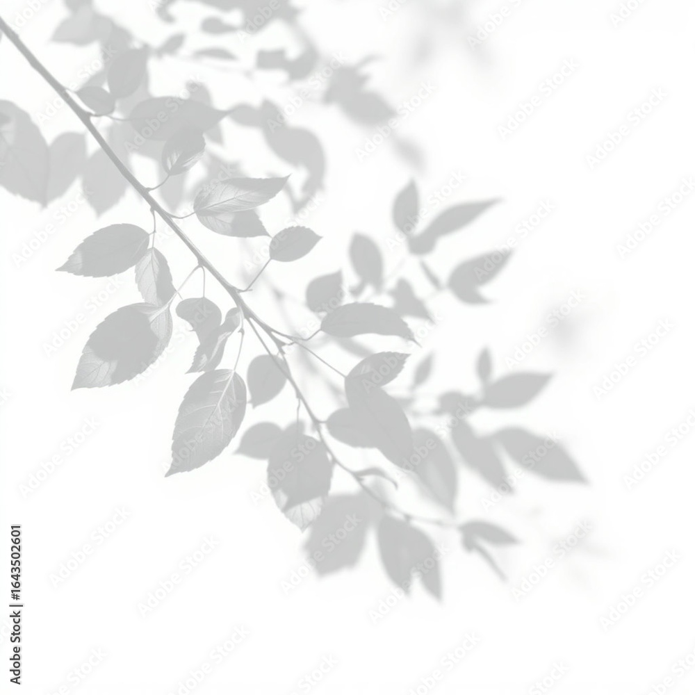 Fototapeta premium shadow overlay effect. Gray shadow of leaves isolated on white background. Plant foliage leaf shadow light effect. Mockup Blurred tree branch shadow. Ideal for summer spring design elements PNG