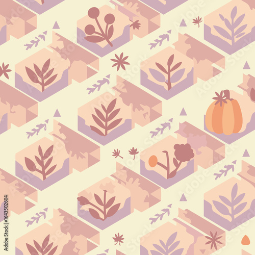 Autumnal floral isometric pattern design in muted tones. Abstract plants and leaves in geometric cube structures on a pale cream background.