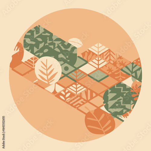 Abstract isometric design with natural elements in warm tones. Layered geometric shapes and foliage create a peaceful, artistic backdrop.