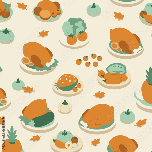 Thanksgiving feast, autumnal dishes, colorful roasted chicken, vegetables, and autumnal fruits on plates, flat lay design, for seasonal holidays and thanksgiving dinner