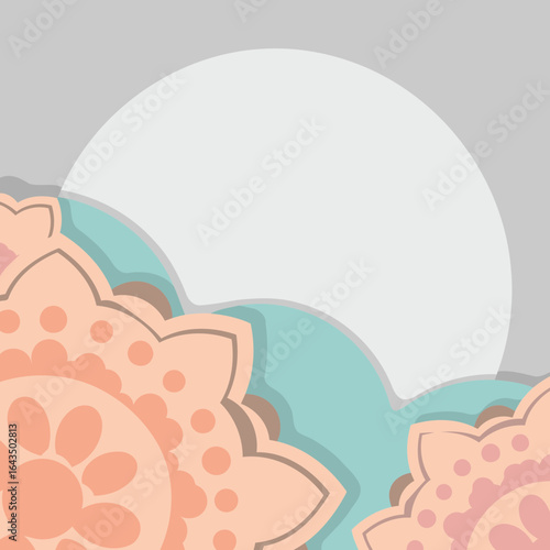 Abstract floral design with pastel colors and layered circles. Decorative patterned elements with light peach and light pink hues over a soft gray background.