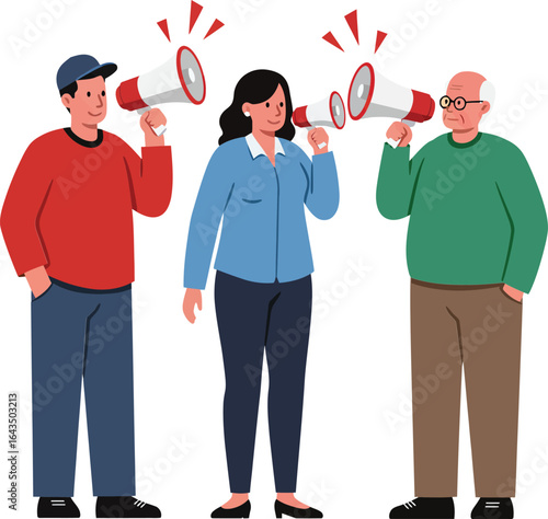 Diverse group of people using megaphones for communication and expressing opinions in casual clothing