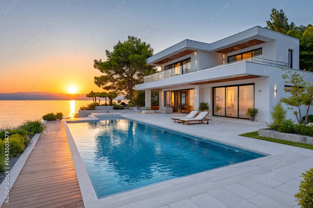 Fototapeta premium Modern luxury beachfront villa with infinity pool enjoying sunset view