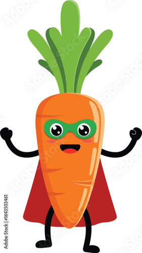 Cartoon carrot superhero with green mask and red cape smiling with raised arms vector illustration