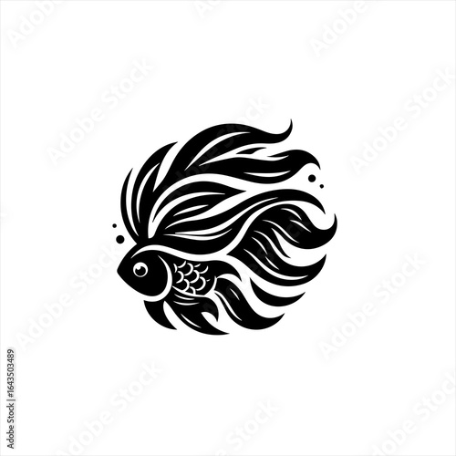 Elegant black betta fish with flowing fins and bubbles