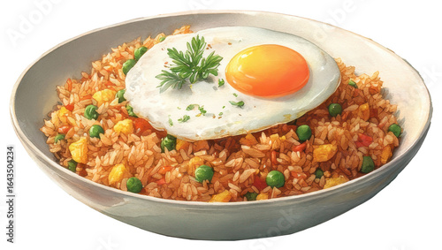 Watercolor illustration of a bowl of indonesian nasi goreng served with a fried egg on a white background