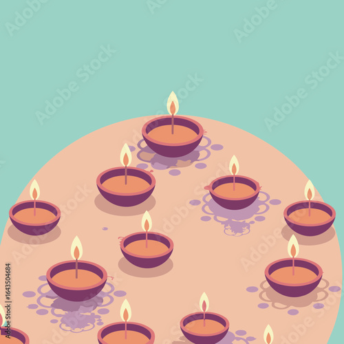 Diwali celebration with various traditional oil lamps displayed on a surface. Ornate decorative designs surround the lit lamps creating a festive pattern.