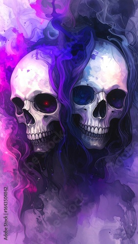 Two skulls, one red-eyed, one blue-eyed, emerge from vibrant purple and pink smoke