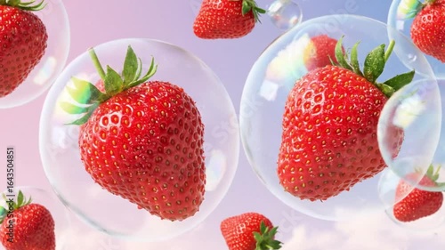 Vibrant Fresh Strawberries Floating in Clear Bubbles on a Soft Pastel Background Ideal for Healthy Dessert Concepts Sweet Fruit Advertisements and Refreshing 