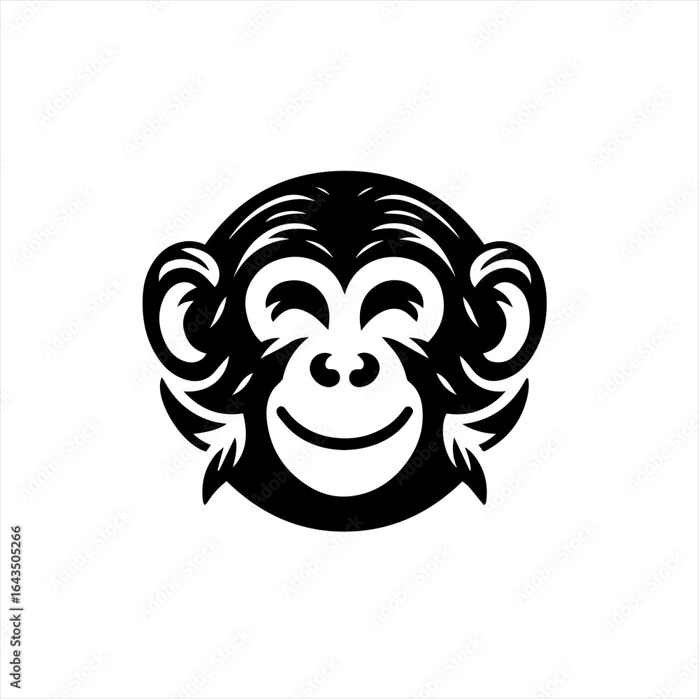 Obraz premium Stylized black monkey face with closed eyes and smiling mouth